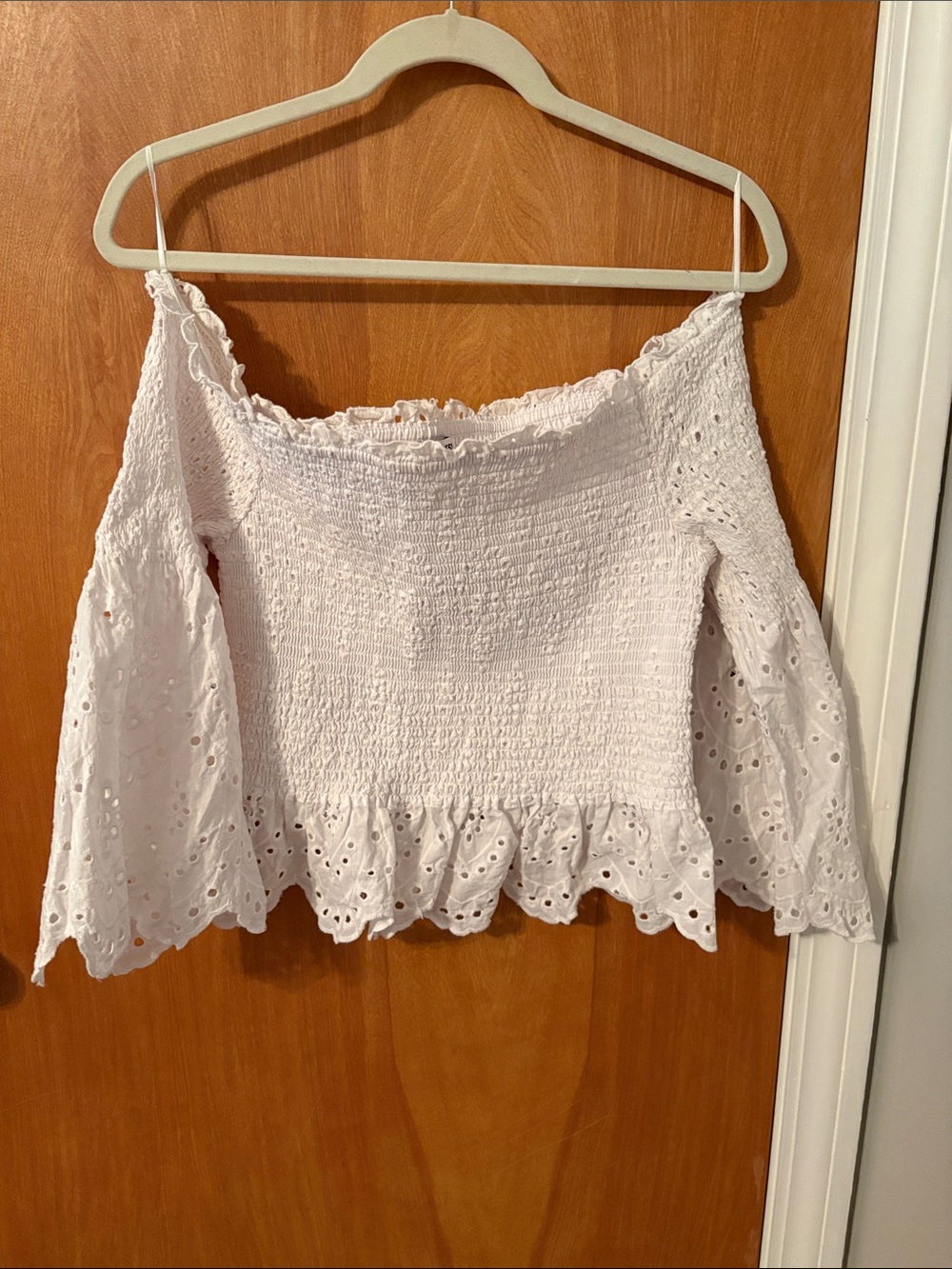 Express White Smocked Off-Shoulder Top with Eyelet Trim